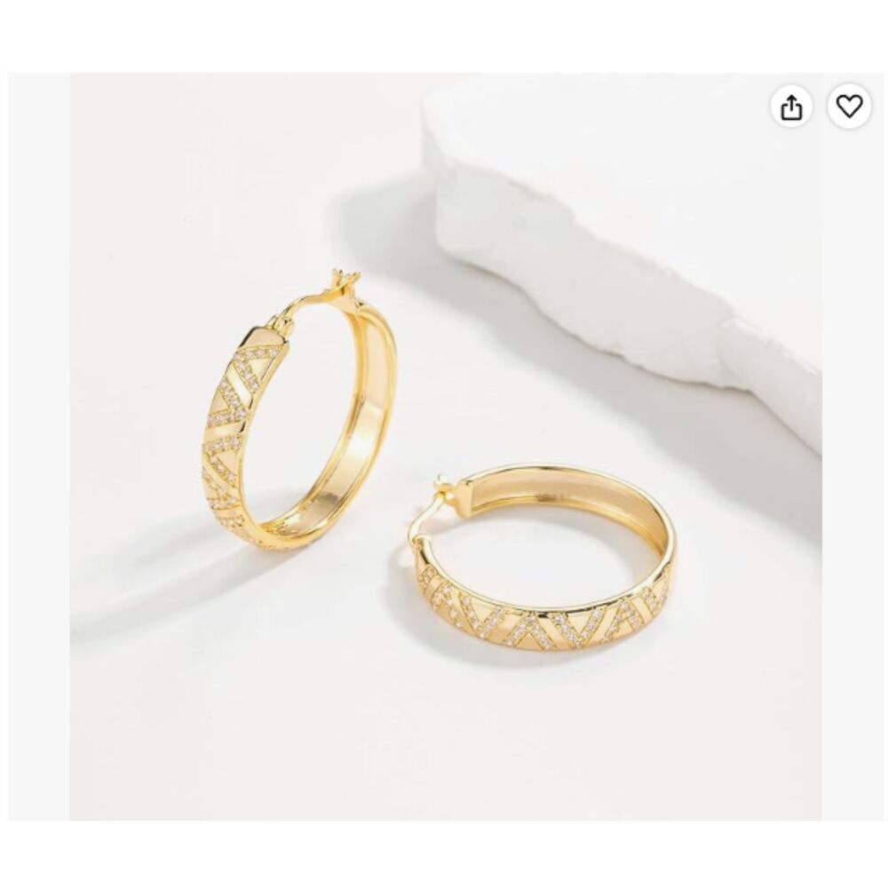 14K Gold Plated V Chevron CZ Hoop Earrings 22mm